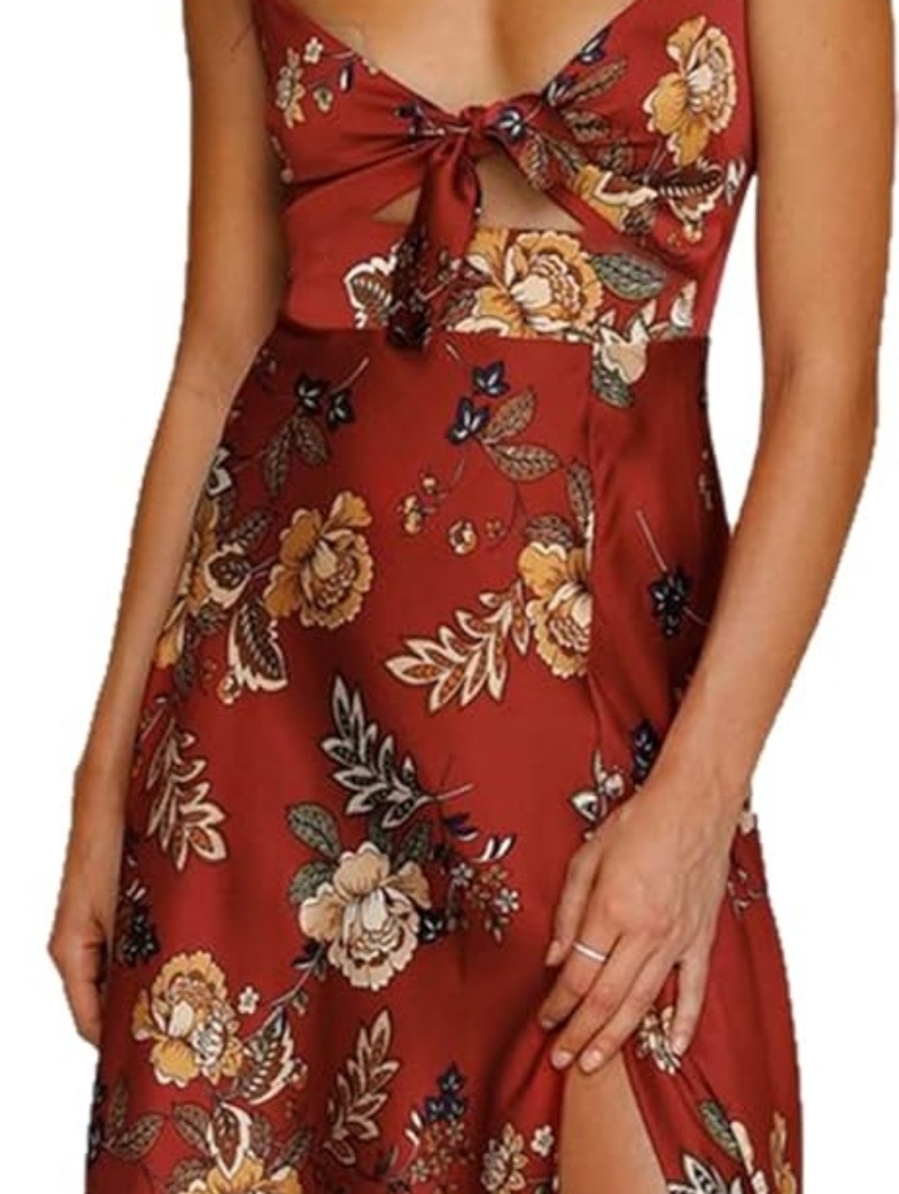 Special Occasion Terracotta Floral Print Tie-Front Midi Dress